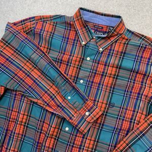 Chaps Shirt Mens XXL 2XL Orange Green Plaid Button Down Easy Care Pocket Preppy
